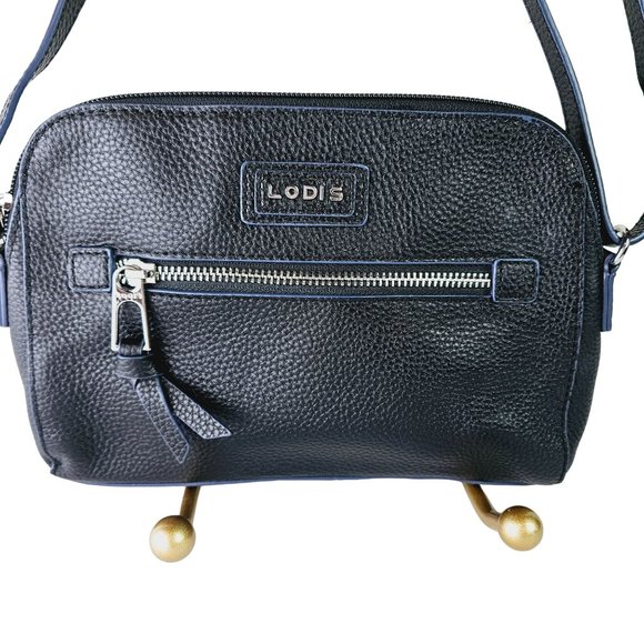 LODIS Charlotte Pebble Black w/ Navy Trim Leather Medium Crossbody Bag Handbag - Picture 3 of 8